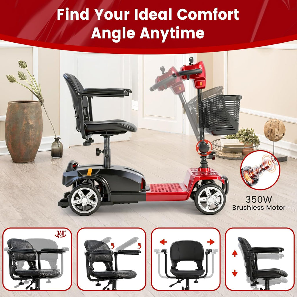 4-Wheel Mobility Scooter for Adults & Seniors, 15–30 Mile Range, 350W, Removable Battery, Compact