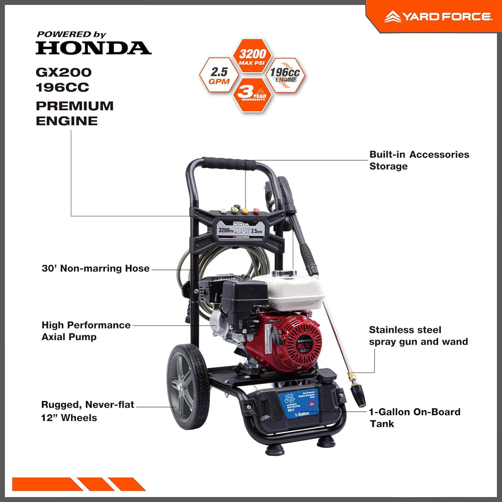 Yard Force YF3200-H Pressure Washer 3200 PSI 2.5 GPM Gas Honda GX200 196cc Engine New