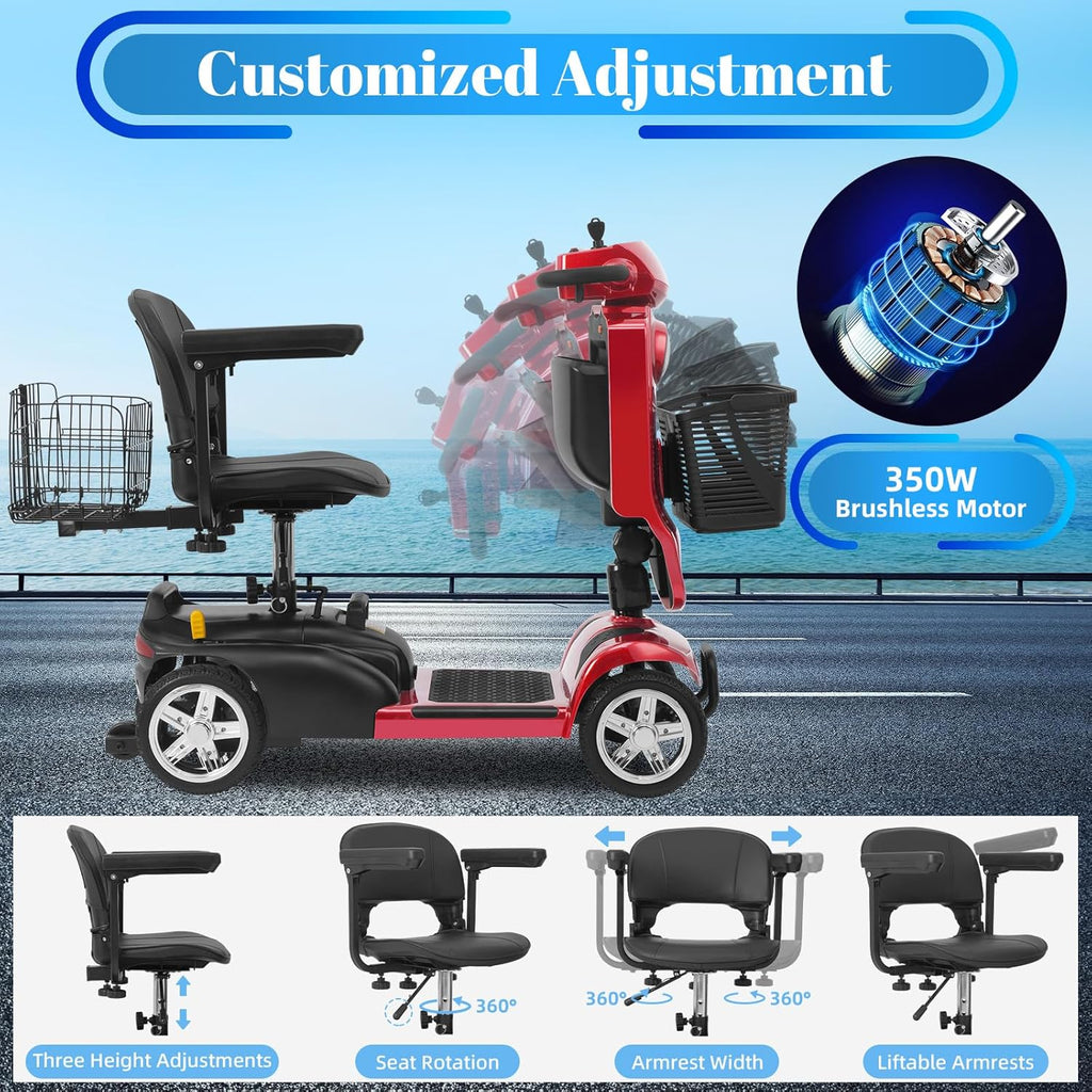 4-Wheel Mobility Scooter for Adults & Seniors, 15–30 Mile Range, 350W, Removable Battery, Compact