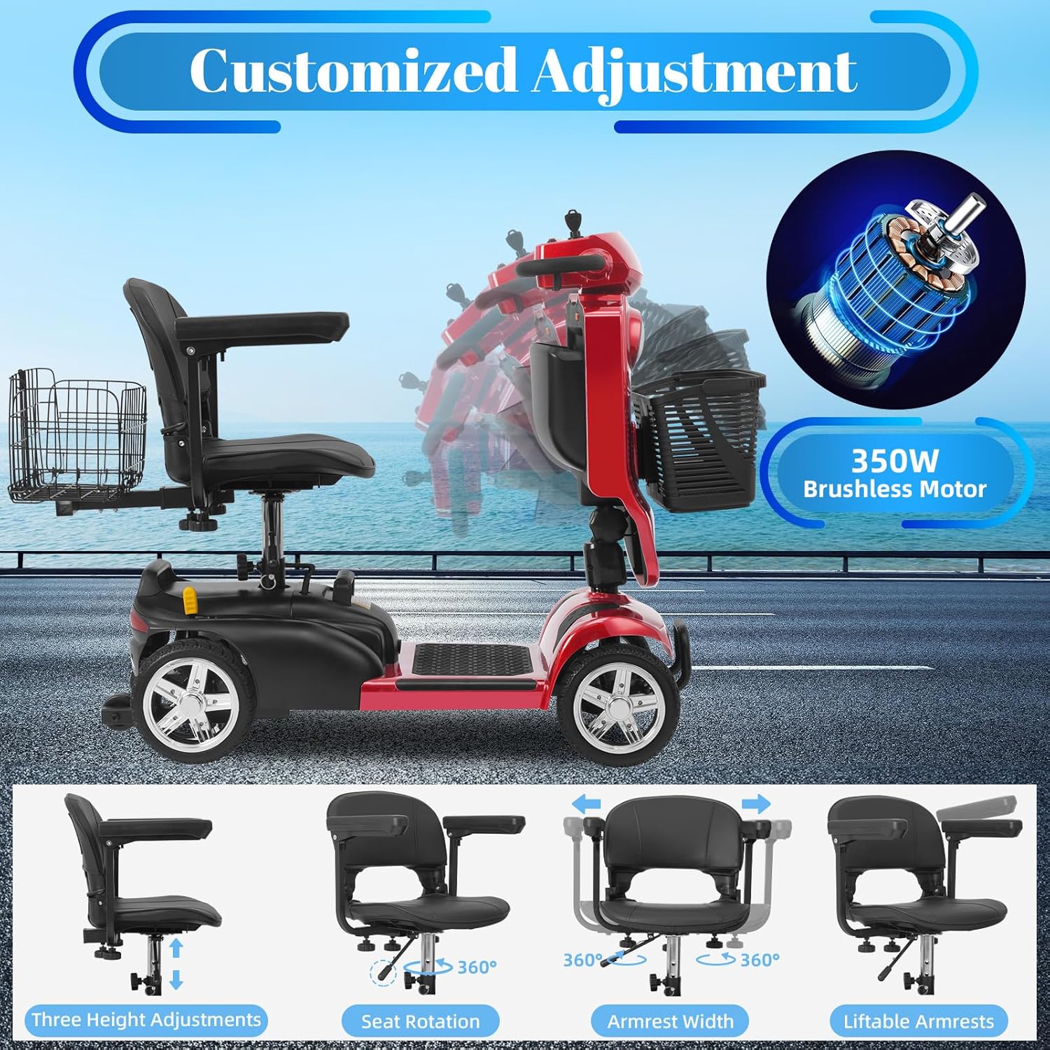 4-Wheel Mobility Scooter for Adults & Seniors, 15–30 Mile Range, 350W, Removable Battery, Compact