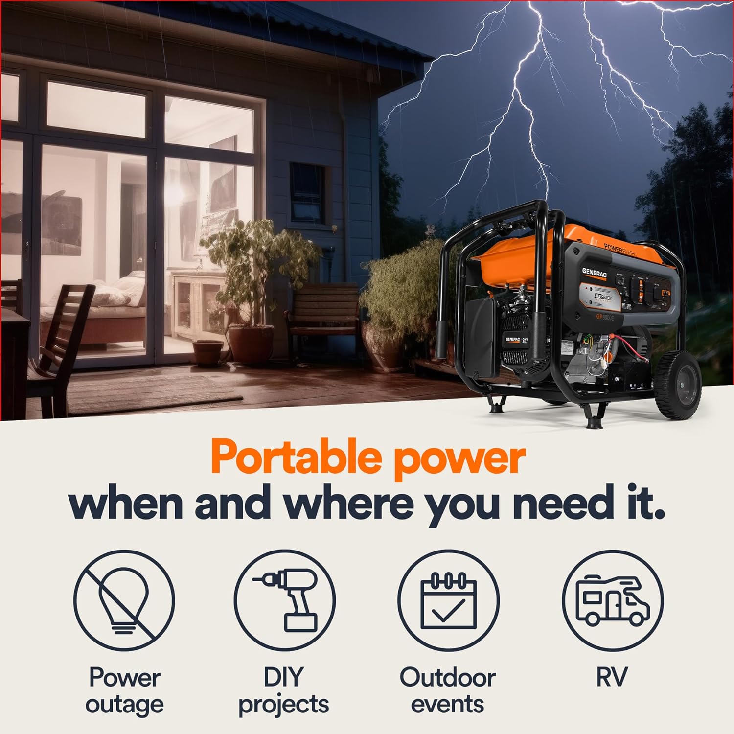 Generac 8,125 Starting Watt Portable Gas Generator – Includes Extension Cord