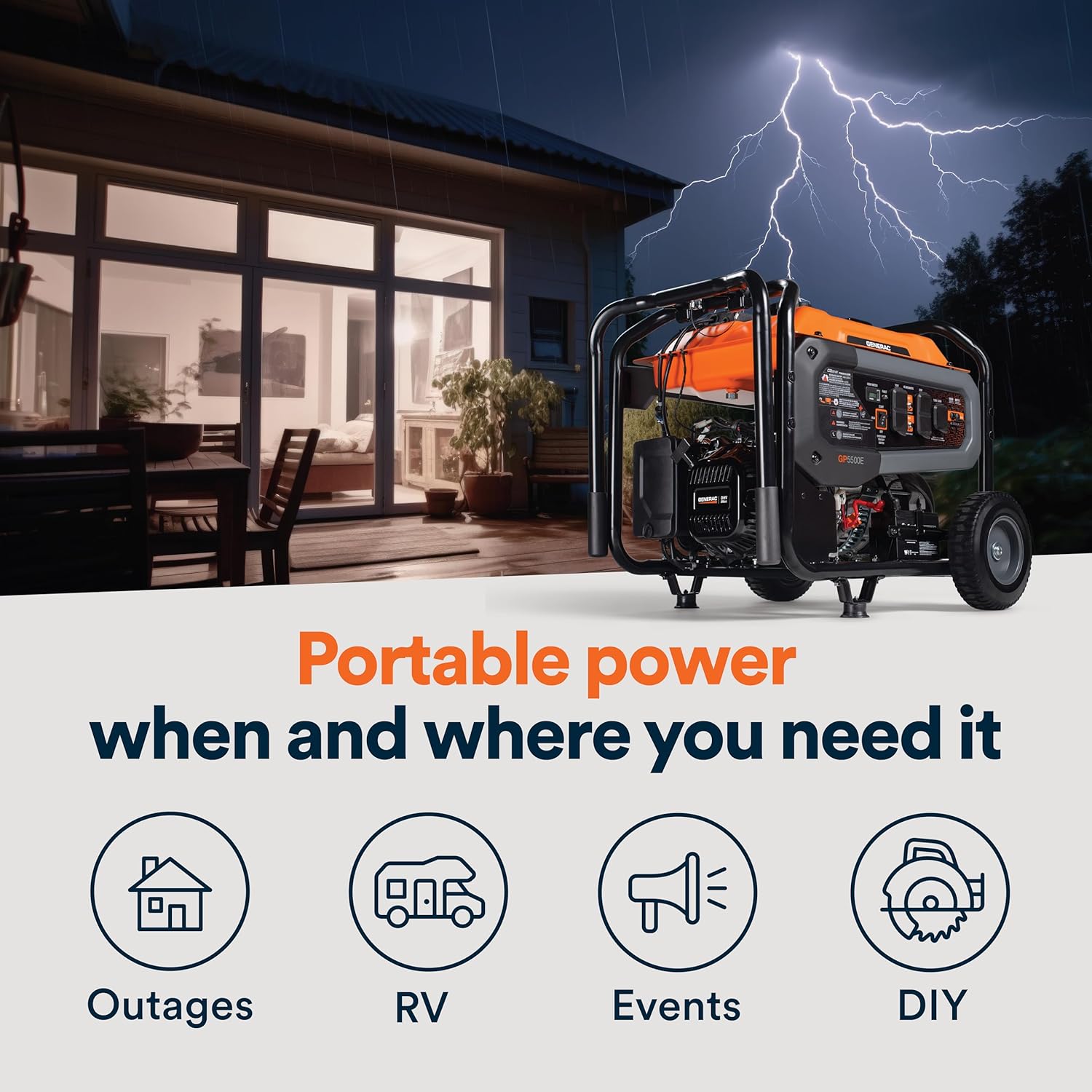 Generac 8,125 Starting Watt Portable Gas Generator – Includes Extension Cord