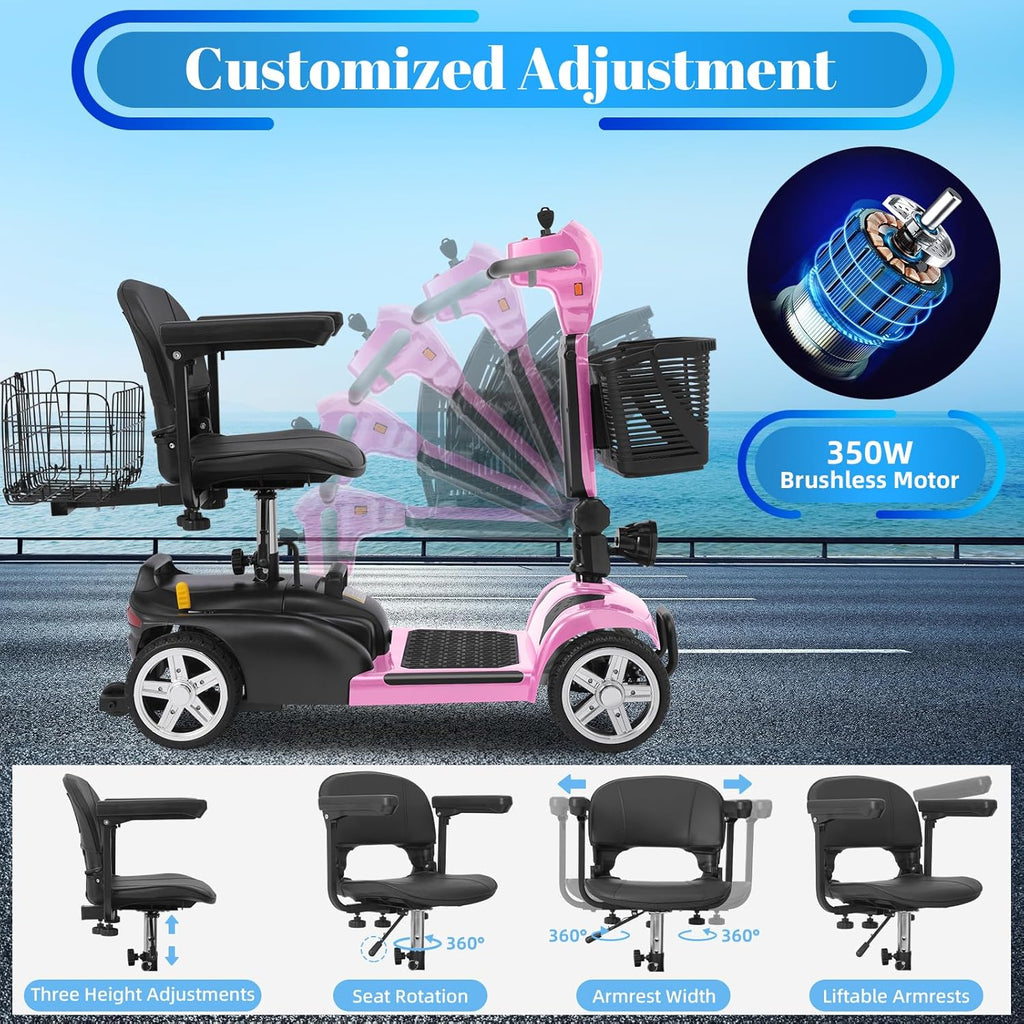 4-Wheel Mobility Scooter for Adults & Seniors, 15–30 Mile Range, 350W, Removable Battery, Compact