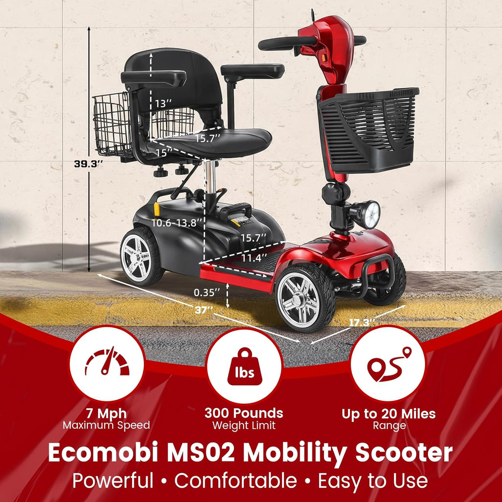 4-Wheel Mobility Scooter for Adults & Seniors, 15–30 Mile Range, 350W, Removable Battery, Compact