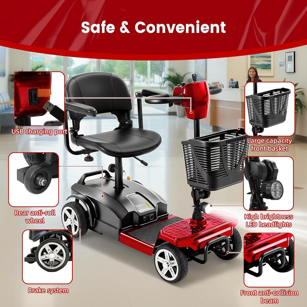 4-Wheel Mobility Scooter for Adults & Seniors, 15–30 Mile Range, 350W, Removable Battery, Compact