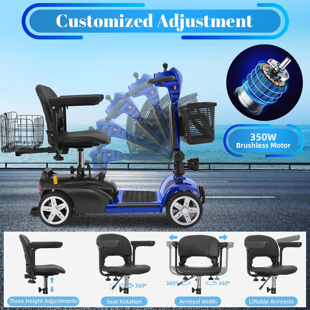 4-Wheel Mobility Scooter for Adults & Seniors, 15–30 Mile Range, 350W, Removable Battery, Compact