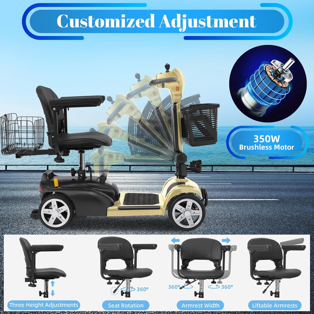 4-Wheel Mobility Scooter for Adults & Seniors, 15–30 Mile Range, 350W, Removable Battery, Compact