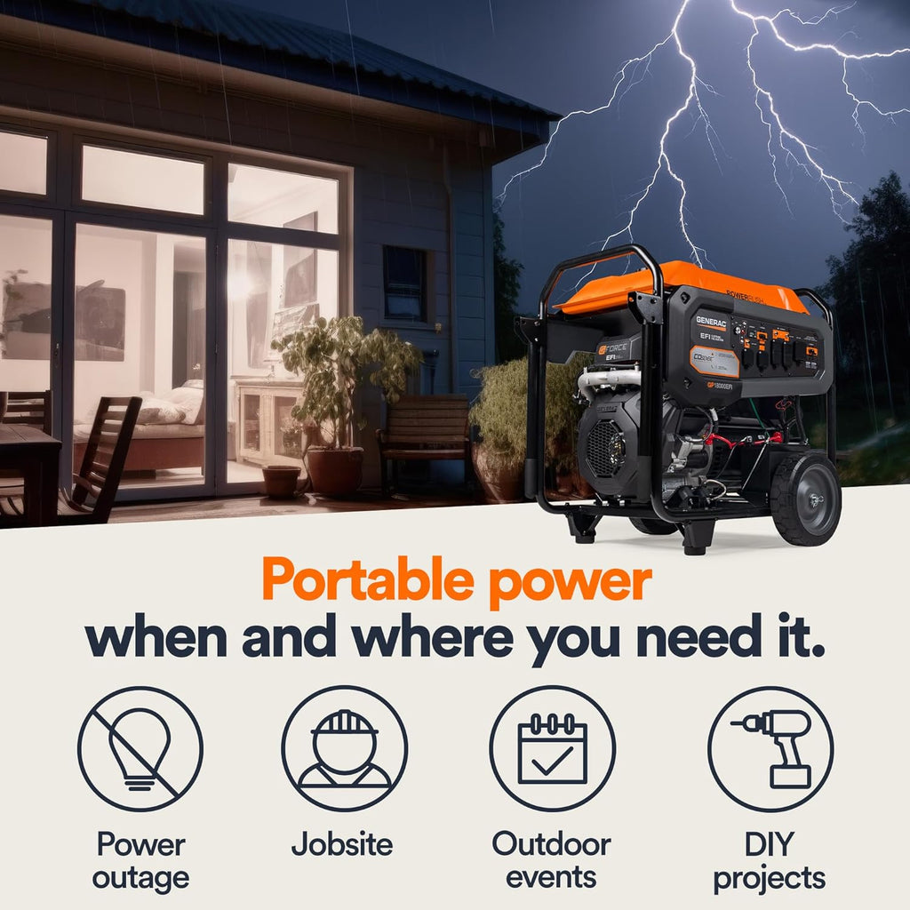 Generac 8,125 Starting Watt Portable Gas Generator – Includes Extension Cord