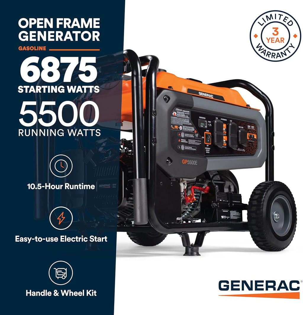 Generac 8,125 Starting Watt Portable Gas Generator – Includes Extension Cord