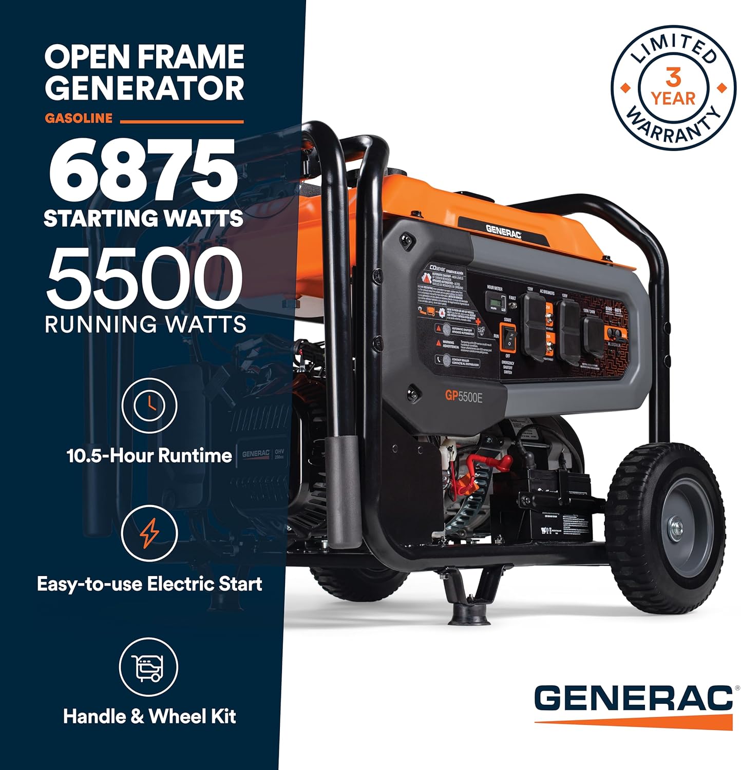 Generac 8,125 Starting Watt Portable Gas Generator – Includes Extension Cord
