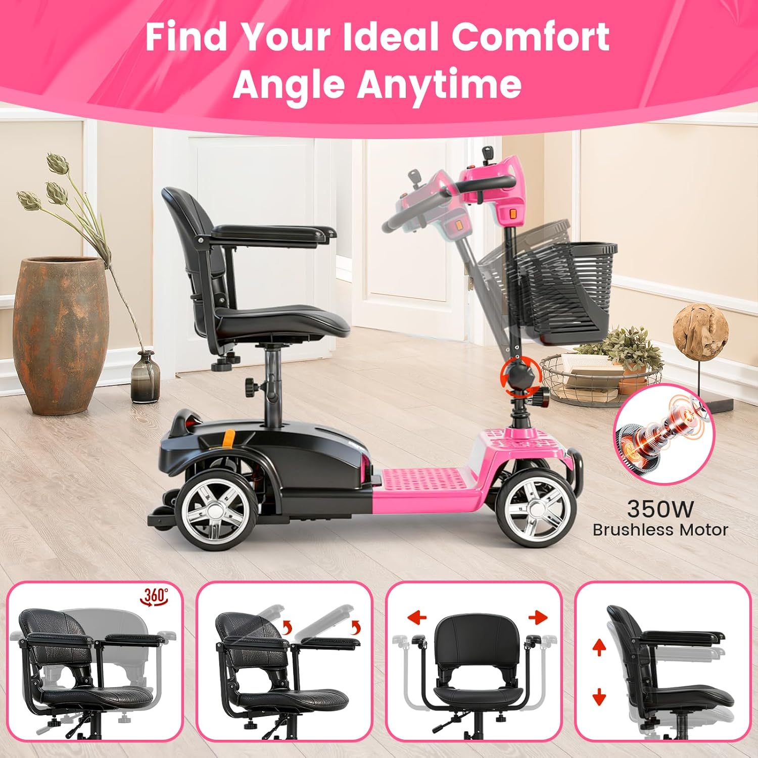 4-Wheel Mobility Scooter for Adults & Seniors, 15–30 Mile Range, 350W, Removable Battery, Compact