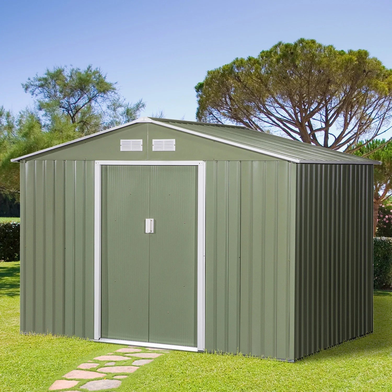 Spacious 9′ x 6′ Outdoor Storage Shed with Foundation, Sliding Doors, and Vents – Green