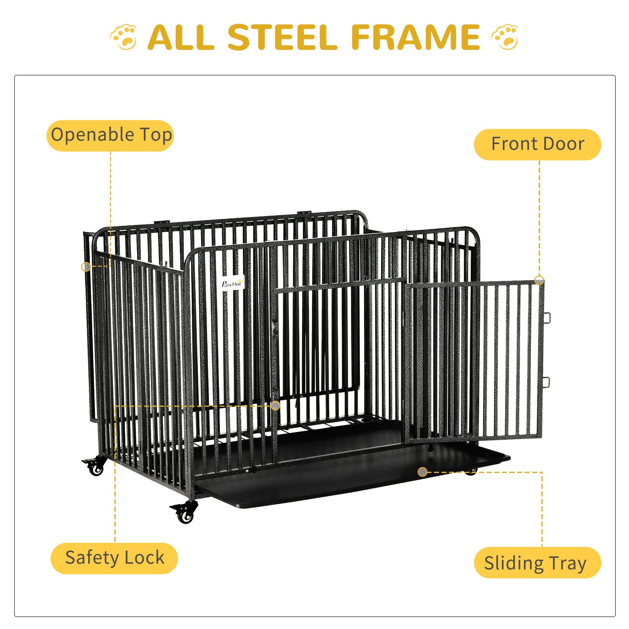 43" Heavy Duty Dog Cage, Foldable Steel Crate Kennel with Removable Tray, Double Doors, 4 Lockable Wheels for Medium & Large Dogs, Dark Silver
