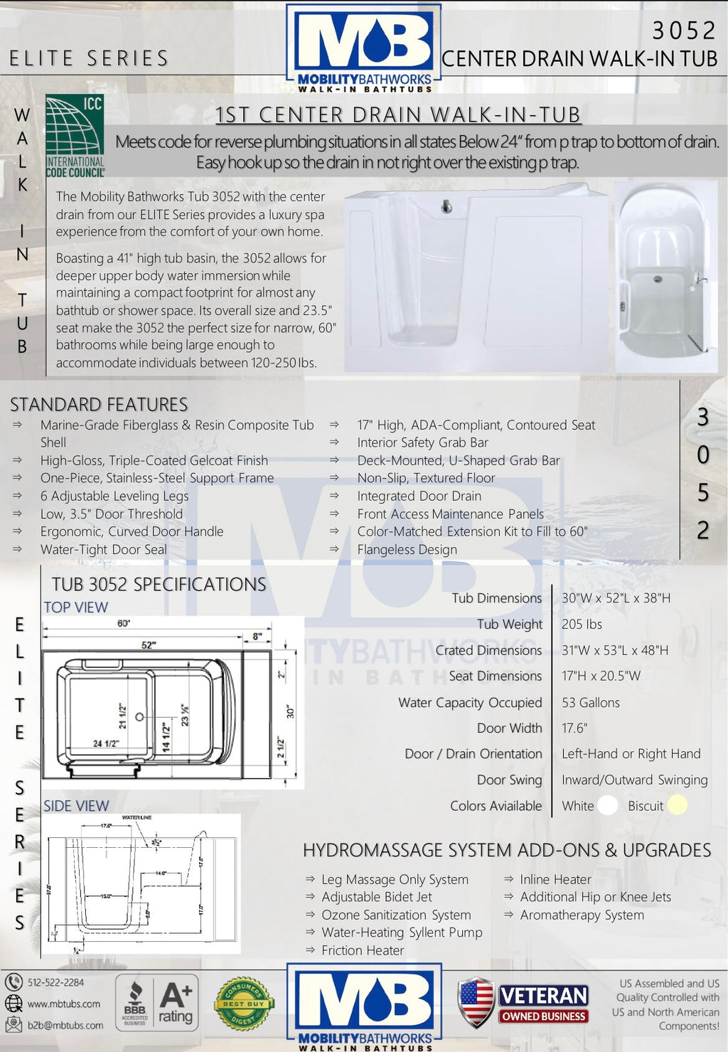Avora Bath Walk in Left Hand Soaker Tub 52X30X40
