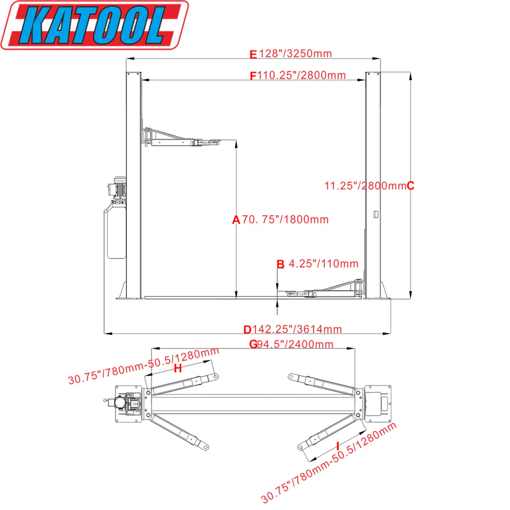 H105 Two Post Vehicle Lift 10,000lbs By KaTool