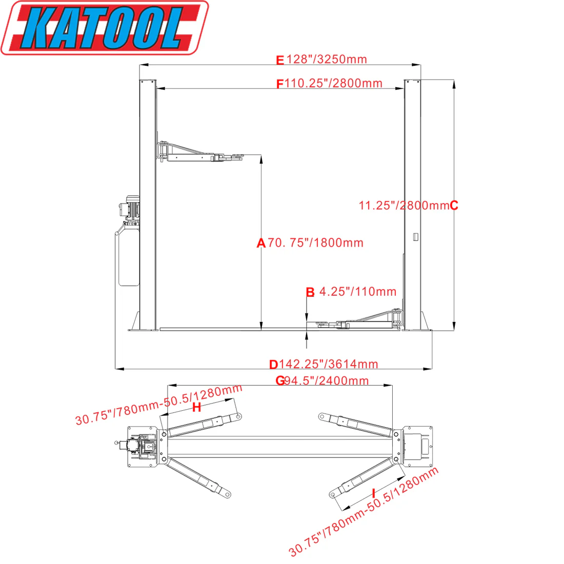 H105 Two Post Vehicle Lift 10,000lbs By KaTool