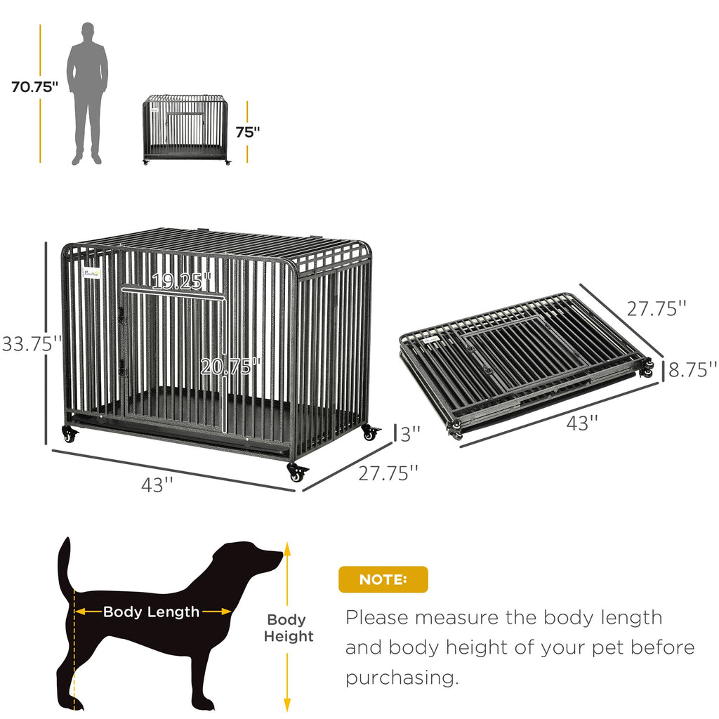 43" Heavy Duty Dog Cage, Foldable Steel Crate Kennel with Removable Tray, Double Doors, 4 Lockable Wheels for Medium & Large Dogs, Dark Silver