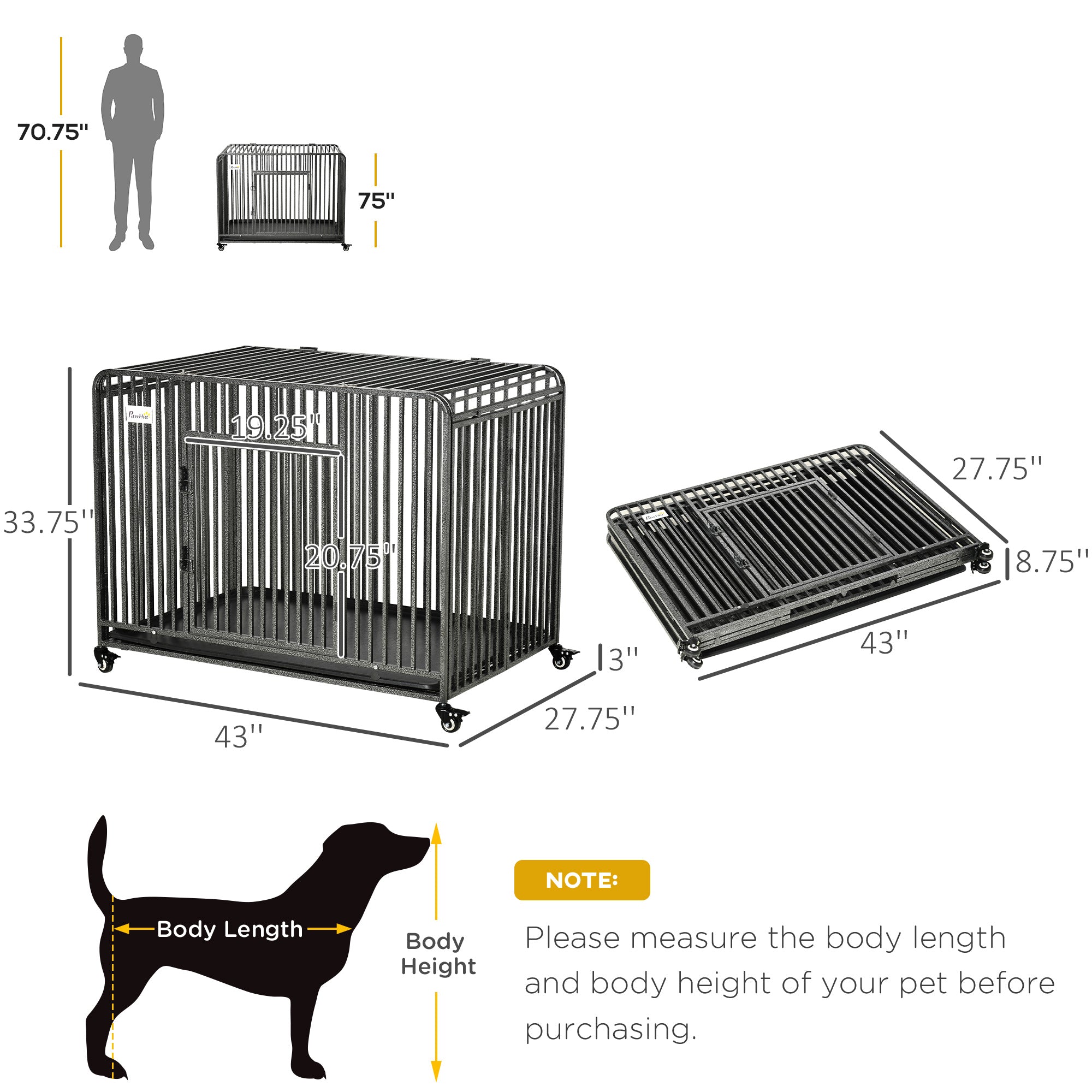 43" Heavy Duty Dog Cage, Foldable Steel Crate Kennel with Removable Tray, Double Doors, 4 Lockable Wheels for Medium & Large Dogs, Dark Silver