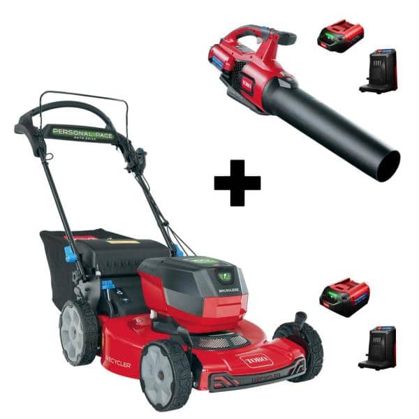 Flex-Force 60V Cordless 2-Tool Combo Kit 22 in. Recycler Walk Behind Lawn Mower &amp; Leaf Blower w/Charger &amp; Batteries