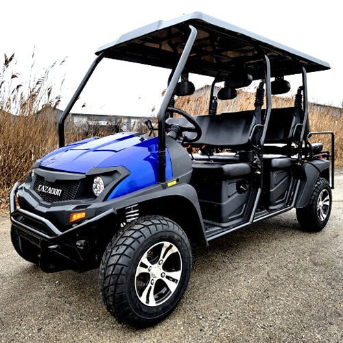6 Seater Gas Golf Cart GVX Limo EFI Utility Vehicle Six Passenger UTV 2WD/4WD – CAZADOR LIMO 400cc – BLUE Windshield Added