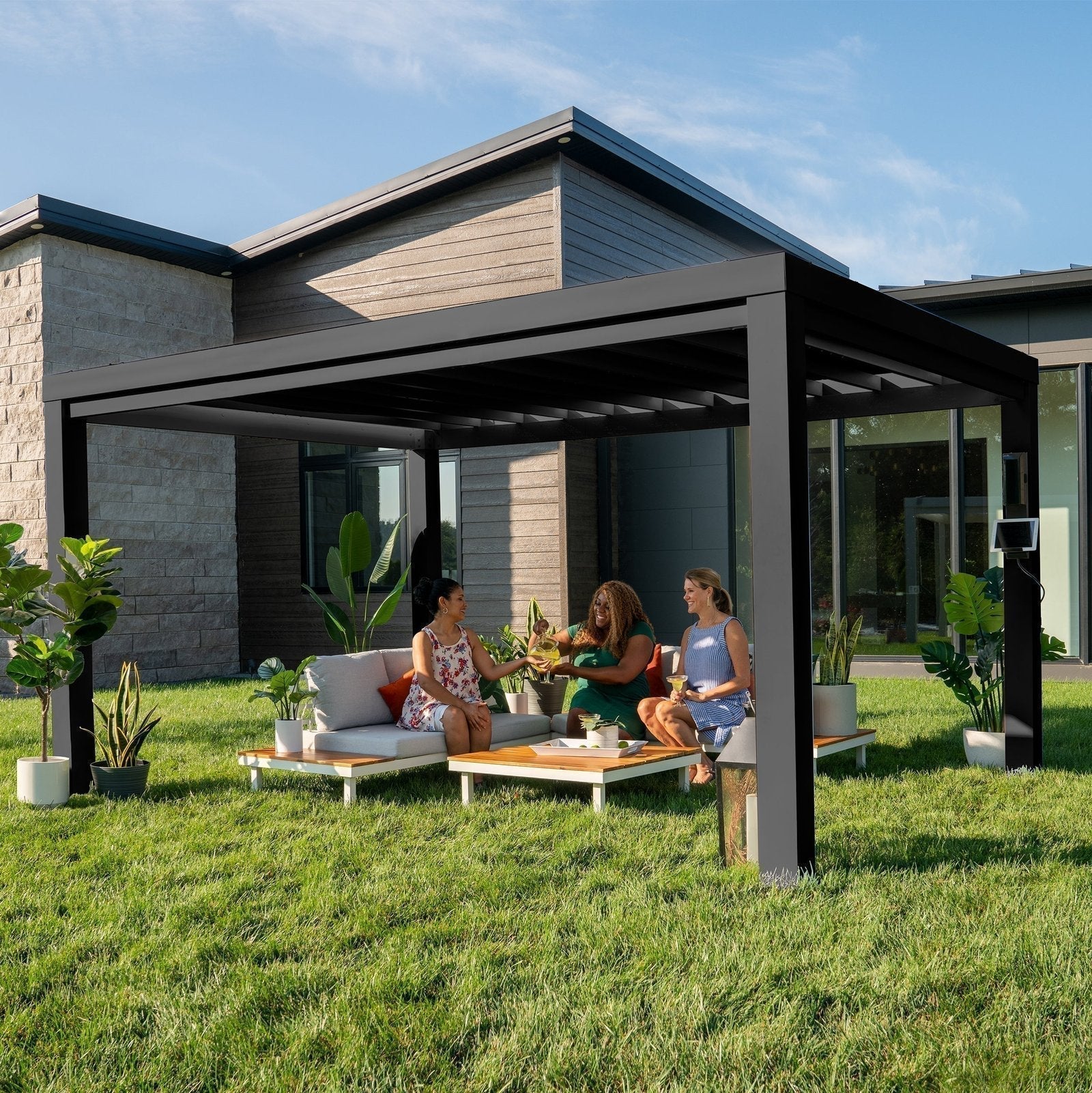 14×12 Trenton Modern Steel Pergola With Sail Shade Soft Canopy