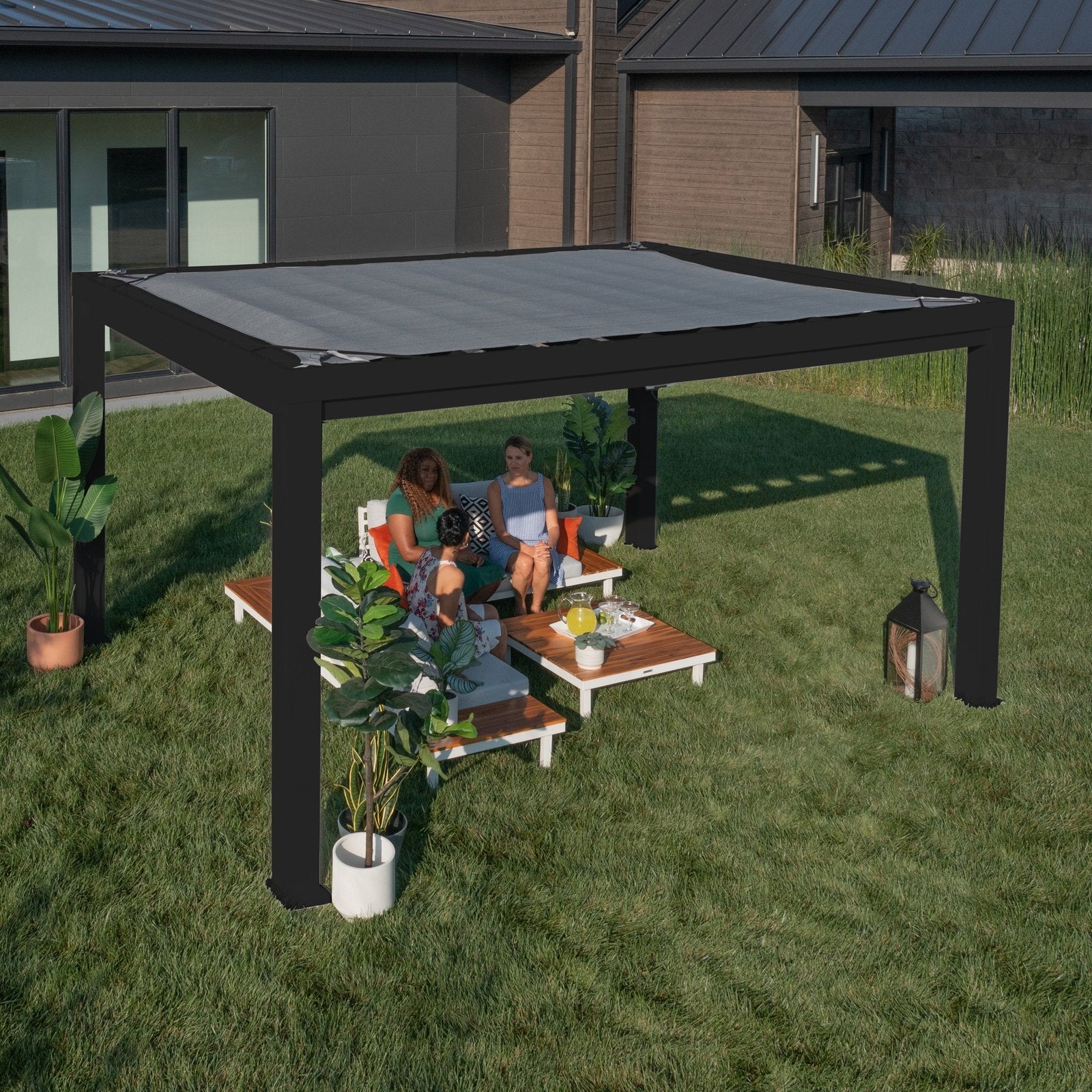 14×12 Trenton Modern Steel Pergola With Sail Shade Soft Canopy