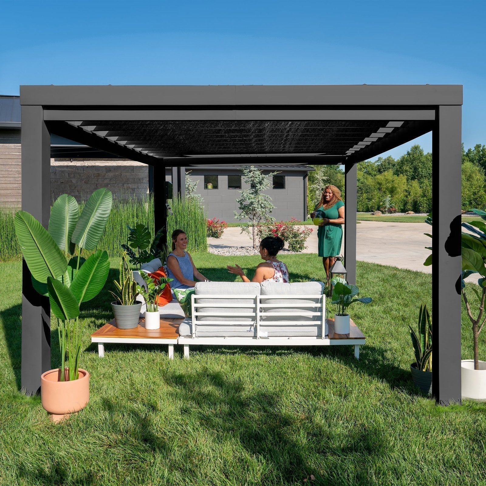 14×12 Trenton Modern Steel Pergola With Sail Shade Soft Canopy
