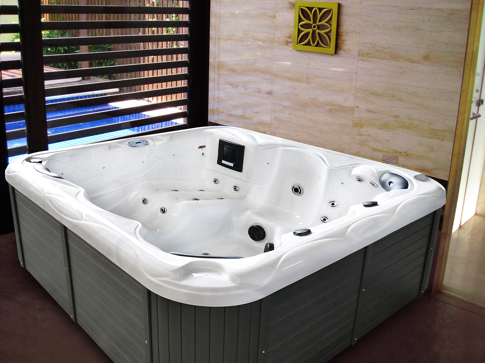 Sol 72 Outdoor™ Brophy 6 – Person 67 – Jet Acrylic Square Hot Tub with Ozonator in Dark Gray