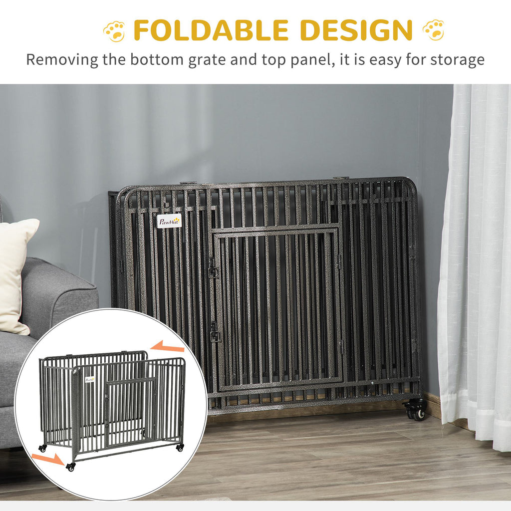 43" Heavy Duty Dog Cage, Foldable Steel Crate Kennel with Removable Tray, Double Doors, 4 Lockable Wheels for Medium & Large Dogs, Dark Silver