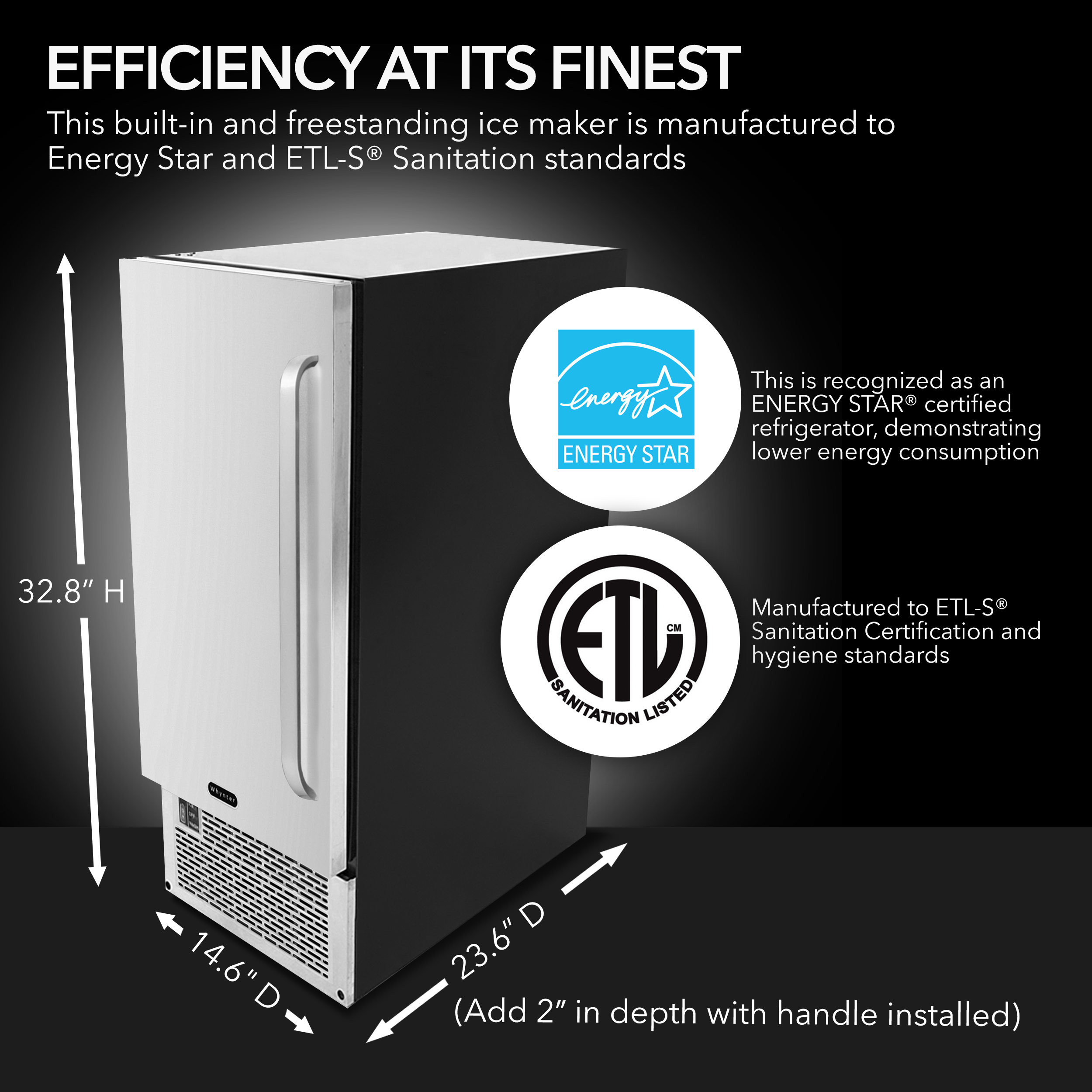 Whynter UIM 502SS 15in Built In Ice Maker 80lb Capacity Clear Ice Cube with NSF Inline Water Filter