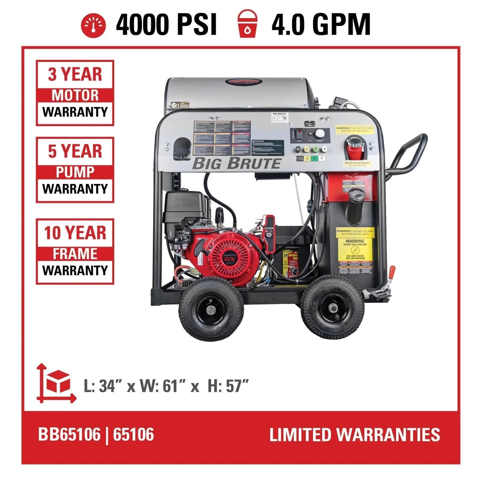 Simpson BB65106 Big Brute Professional 4000 PSI (Gas-Hot Water) Pressure Washer