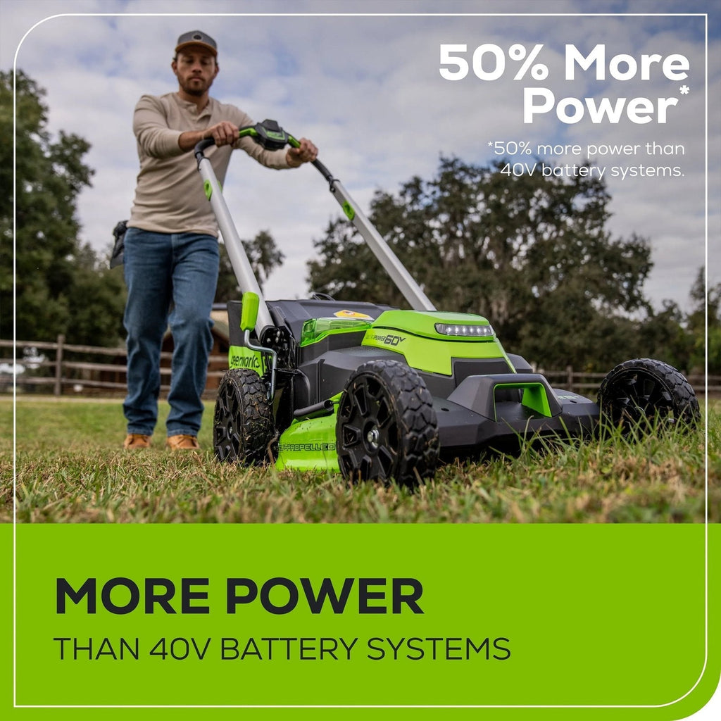 Greenworks 60V 25″ Cordless Brushless Self-Propelled Mower + Two (2) 4.0Ah Batteries & Dual Port Charger