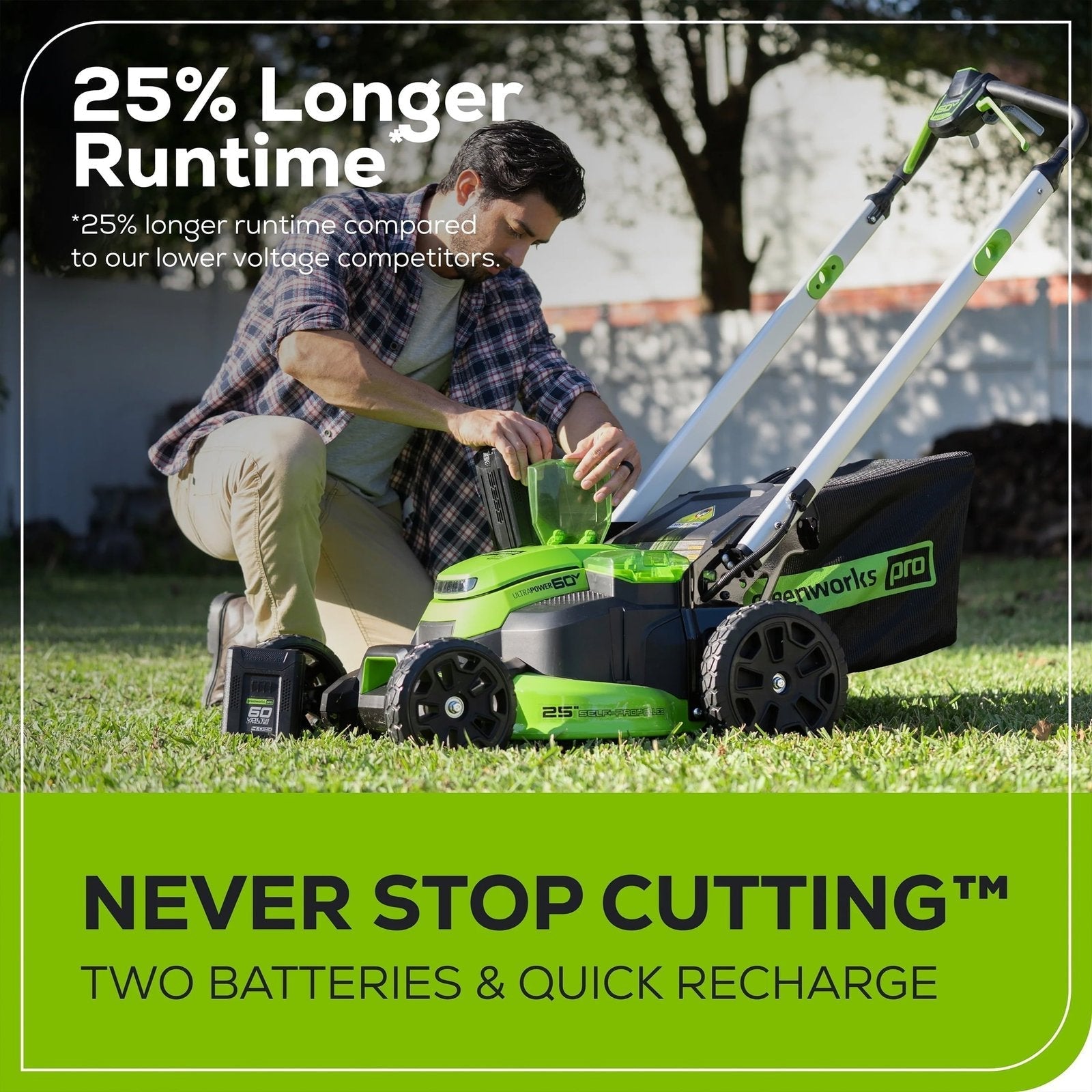 Greenworks 60V 25″ Cordless Brushless Self-Propelled Mower + Two (2) 4.0Ah Batteries & Dual Port Charger