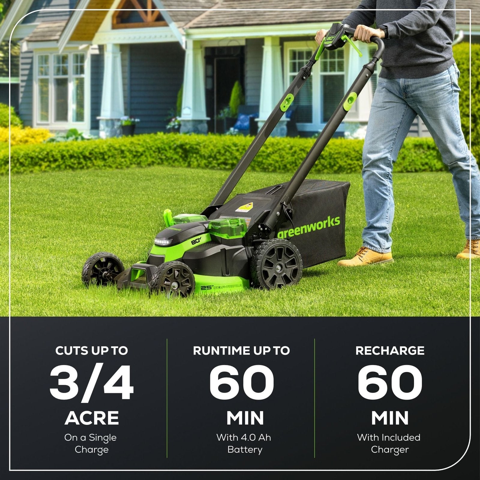 Greenworks 80V 25″ Brushless Cordless Self-Propelled Lawn Mower,3 in 1 Dual Blade LawnMover, W/4.0Ah Battery and Rapid Charger Included