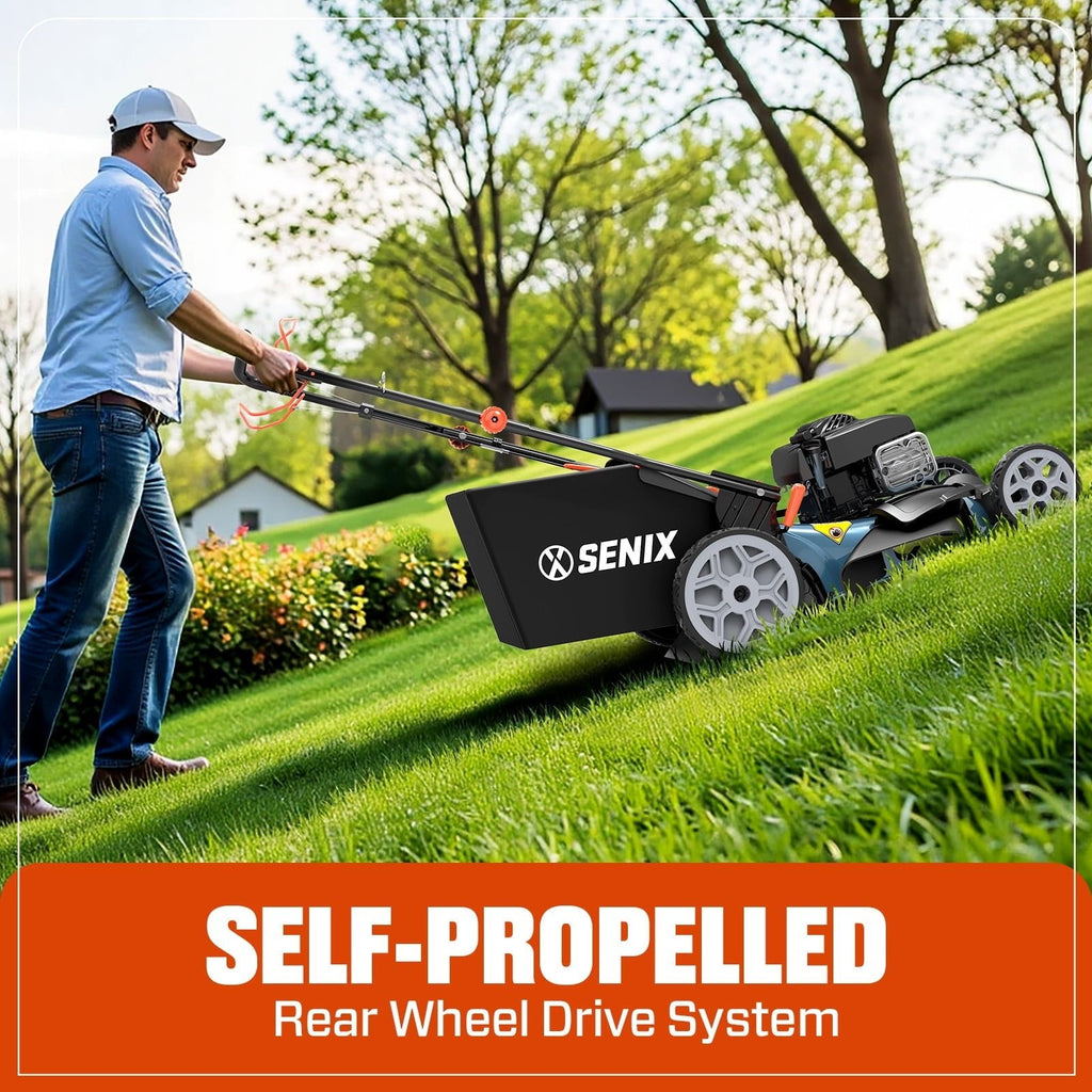 SENIX Self-Propelled Gas Lawn Mower, 22in Cutting Blade / 23in Cutting Deck, 150 cc 4-Cycle Made in Briggs & Stratton Engine , 3-In-1, 6-Position Adjustment, 11in Rear Wheels, LSSG-H3
