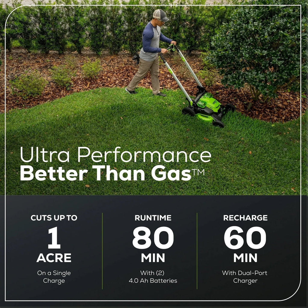 Greenworks 60V 25″ Cordless Brushless Self-Propelled Mower + Two (2) 4.0Ah Batteries & Dual Port Charger