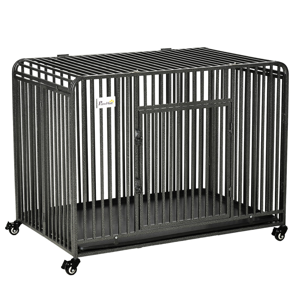 43" Heavy Duty Dog Cage, Foldable Steel Crate Kennel with Removable Tray, Double Doors, 4 Lockable Wheels for Medium & Large Dogs, Dark Silver