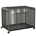 43" Heavy Duty Dog Cage, Foldable Steel Crate Kennel with Removable Tray, Double Doors, 4 Lockable Wheels for Medium & Large Dogs, Dark Silver