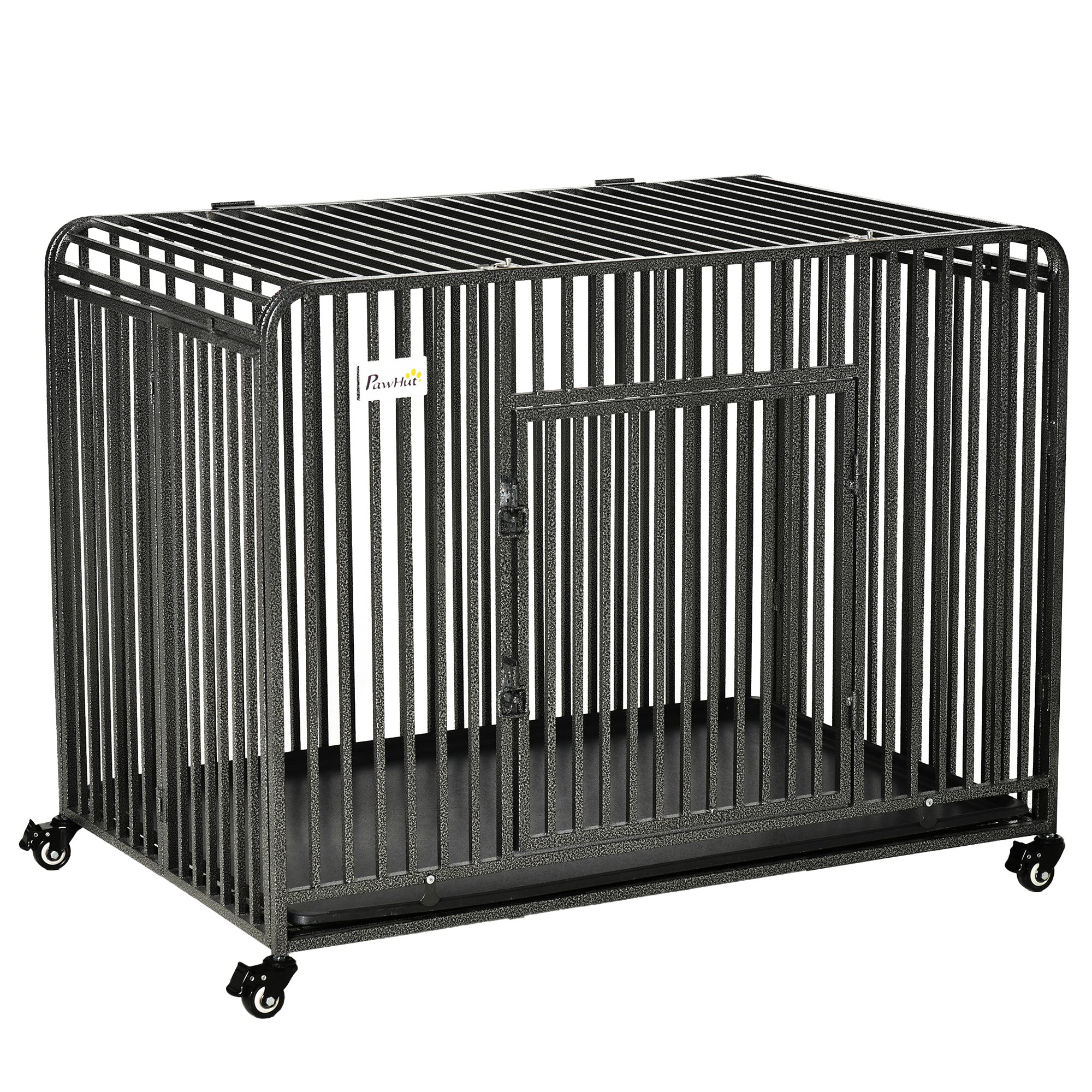 43" Heavy Duty Dog Cage, Foldable Steel Crate Kennel with Removable Tray, Double Doors, 4 Lockable Wheels for Medium & Large Dogs, Dark Silver