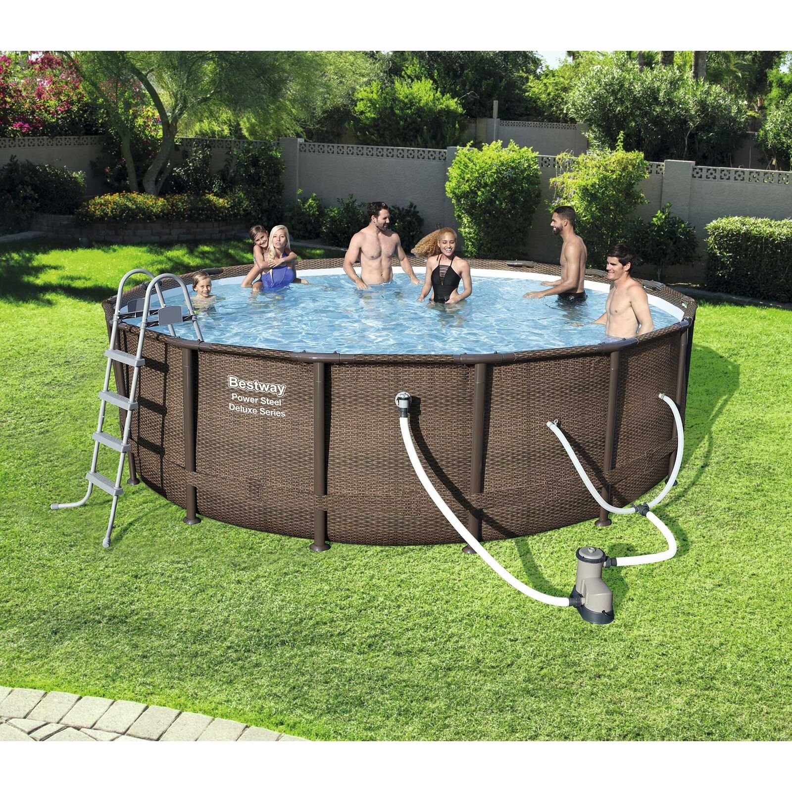 Bestway Power Steel 14′ x 42″ Above Ground Outdoor Swimming Pool Set with Pump