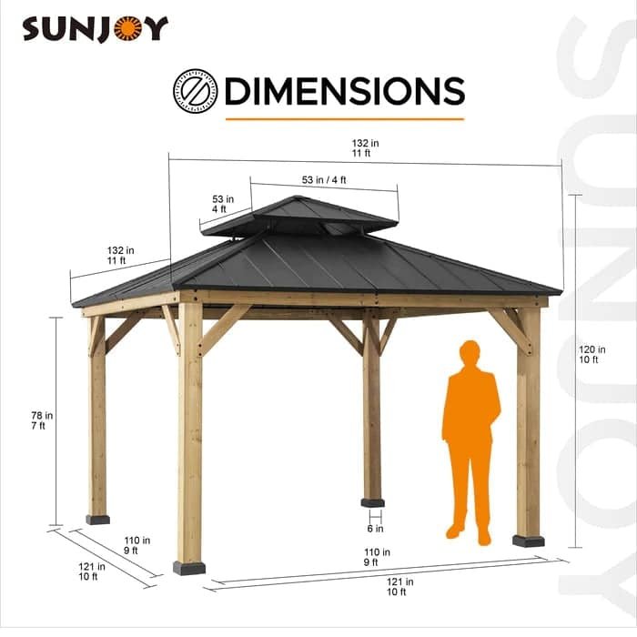 Sunjoy Outdoor Patio Black 2-Tier Wooden Frame Backyard Hardtop Gazebo with Ceiling Hook